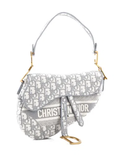 Pre-owned Dior Saddle Handbag Logo Embroidered Oblique Canvas Medium Shoulder Bag In White