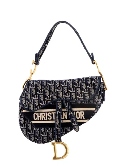Pre-owned Dior Saddle Handbag Logo Embroidered Oblique Velvet Medium Shoulder Bag In Blue