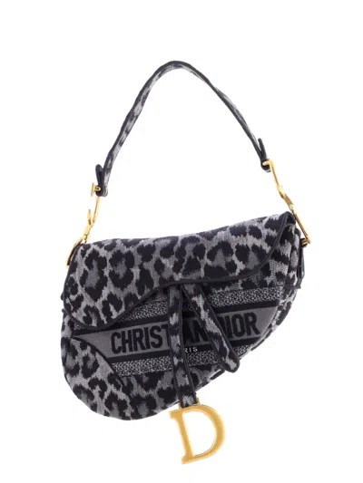 Pre-owned Dior Saddle Handbag Mizza Embroidered Canvas Medium Satchel In Black