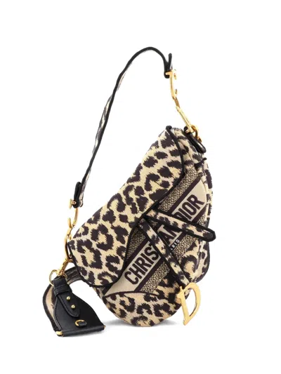 Pre-owned Dior Saddle Handbag Mizza Embroidered Canvas Medium Satchel In Brown