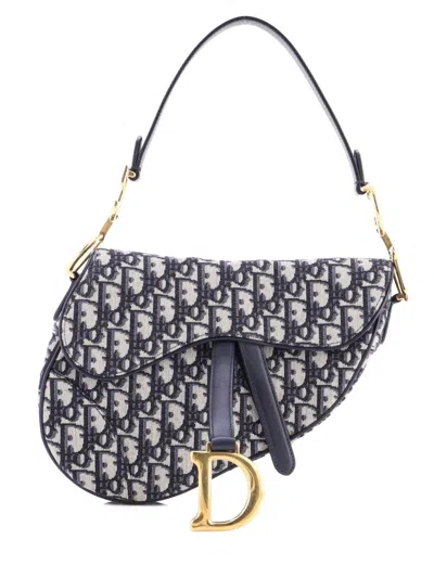 Pre-owned Dior Saddle Handbag Oblique Canvas Medium Shoulder Bag In Blue