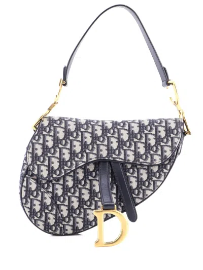 Pre-owned Dior Saddle Handbag Oblique Canvas Medium Shoulder Bag In Blue