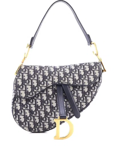 Pre-owned Dior Saddle Handbag Oblique Canvas Medium Shoulder Bag In Blue