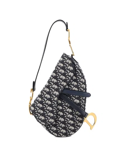 Pre-owned Dior Saddle Handbag Oblique Canvas Medium Shoulder Bag In Blue