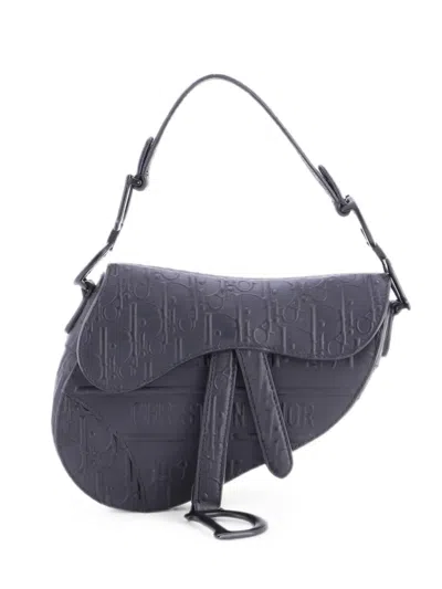 Pre-owned Dior Saddle Handbag Oblique Embossed Calfskin Mini Shoulder Bag In Black