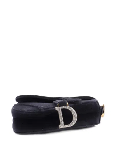 Pre-owned Dior Saddle Handbag Velvet With Crystals Mini Shoulder Bag In Black