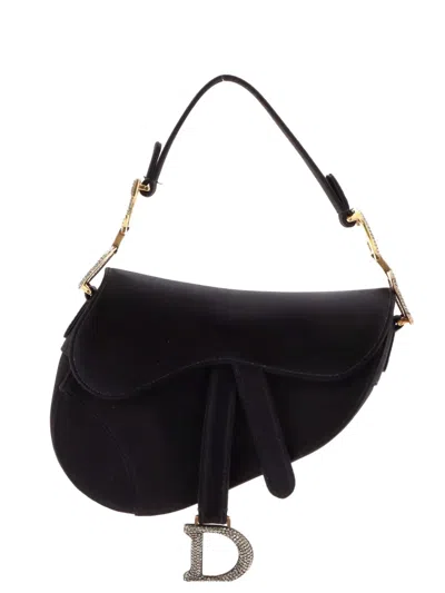 Pre-owned Dior Saddle Handbag Velvet With Crystals Mini Shoulder Bag In Black