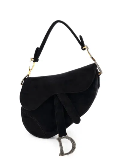 Pre-owned Dior Saddle Handbag Velvet With Crystals Mini Shoulder Bag In Black