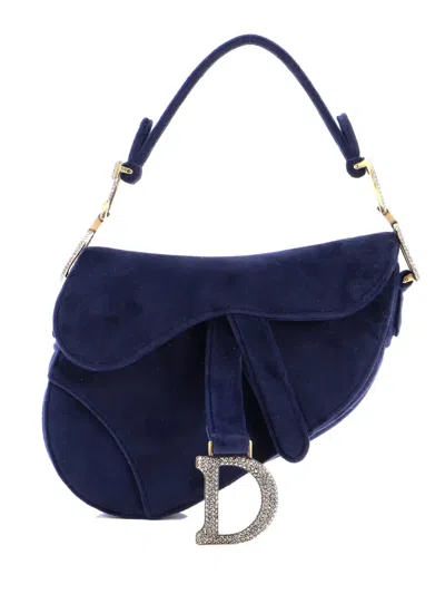 Pre-owned Dior Saddle Handbag Velvet With Crystals Mini Shoulder Bag In Blue