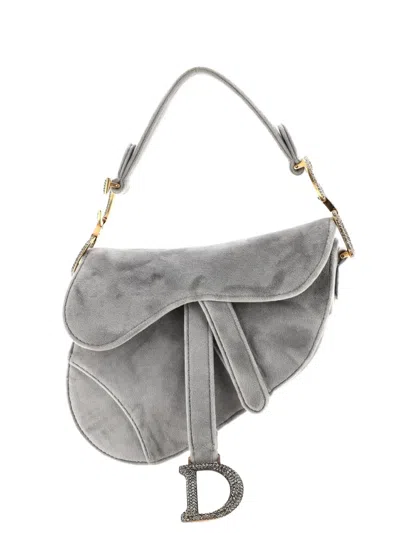 Pre-owned Dior Saddle Handbag Velvet With Crystals Mini Shoulder Bag In Gray