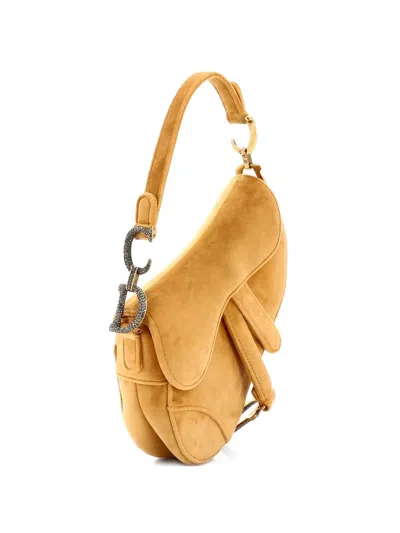 Pre-owned Dior Saddle Handbag Velvet With Crystals Mini Shoulder Bag In Neutral