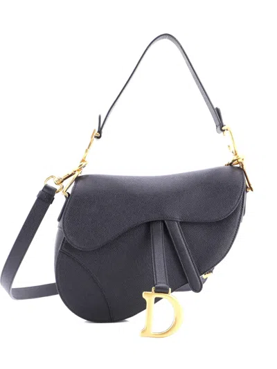 Pre-owned Dior Saddle Handbag With Strap Leather Medium Shoulder Bag In Black