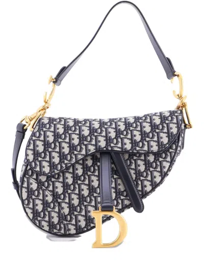 Pre-owned Dior Saddle Handbag With Strap Oblique Canvas Medium Shoulder Bag In Blue