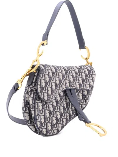 Pre-owned Dior Saddle Handbag With Strap Oblique Canvas Medium Shoulder Bag In Blue