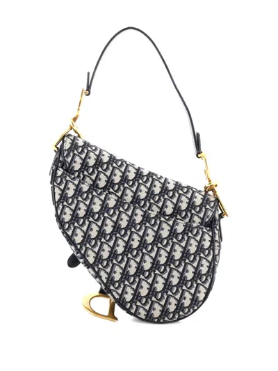 Pre-owned Dior Saddle Handbag With Strap Oblique Canvas Medium Shoulder Bag In Blue