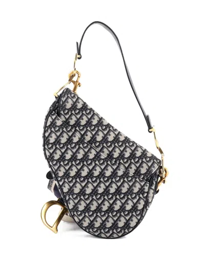 Pre-owned Dior Saddle Handbag With Strap Oblique Canvas Medium Shoulder Bag In Blue