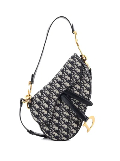 Pre-owned Dior Saddle Handbag With Strap Oblique Canvas Medium Shoulder Bag In Blue