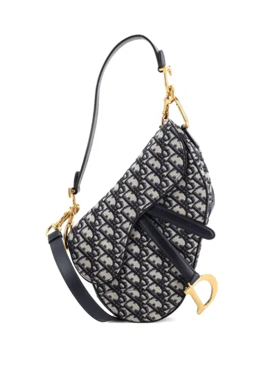 Pre-owned Dior Saddle Handbag With Strap Oblique Canvas Medium Shoulder Bag In Blue