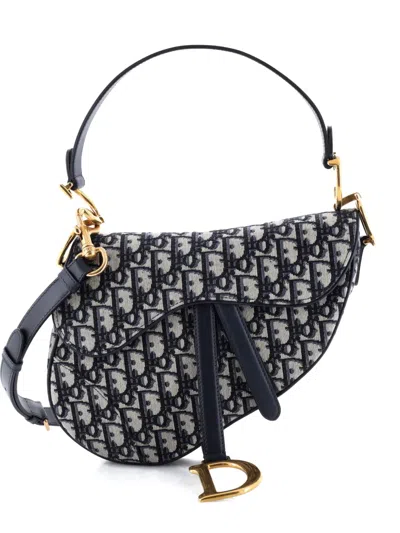 Pre-owned Dior Saddle Handbag With Strap Oblique Canvas Medium Shoulder Bag In Blue
