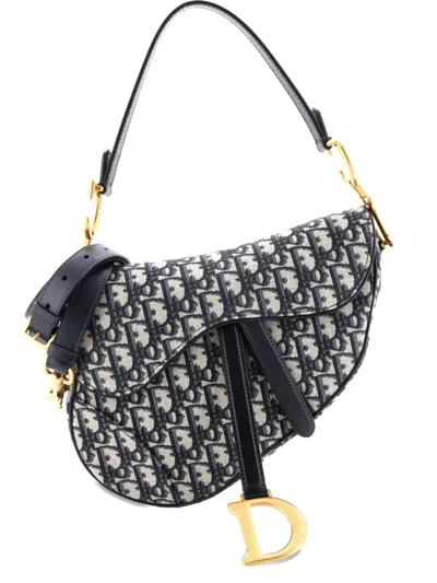 Pre-owned Dior Saddle Handbag With Strap Oblique Canvas Medium Shoulder Bag In Blue