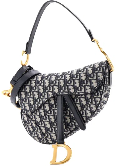 Pre-owned Dior Saddle Handbag With Strap Oblique Canvas Medium Shoulder Bag In Blue