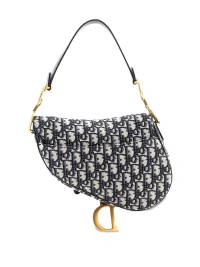 Pre-owned Dior Saddle Handbag With Strap Oblique Canvas Medium Shoulder Bag In Blue