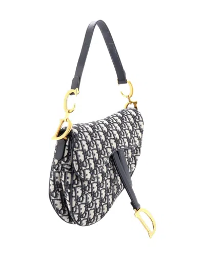 Pre-owned Dior Saddle Handbag With Strap Oblique Canvas Medium Shoulder Bag In Blue