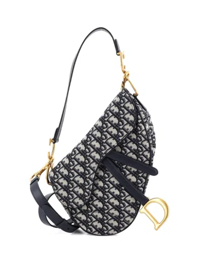 Pre-owned Dior Saddle Handbag With Strap Oblique Canvas Medium Shoulder Bag In Blue