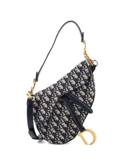 Pre-owned Dior Saddle Handbag With Strap Oblique Canvas Medium Shoulder Bag In Blue