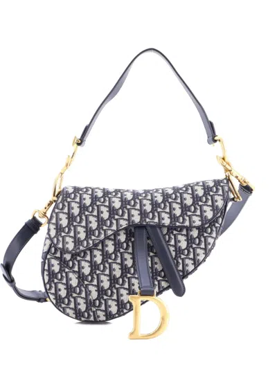 Pre-owned Dior Saddle Handbag With Strap Oblique Canvas Medium Shoulder Bag In Blue