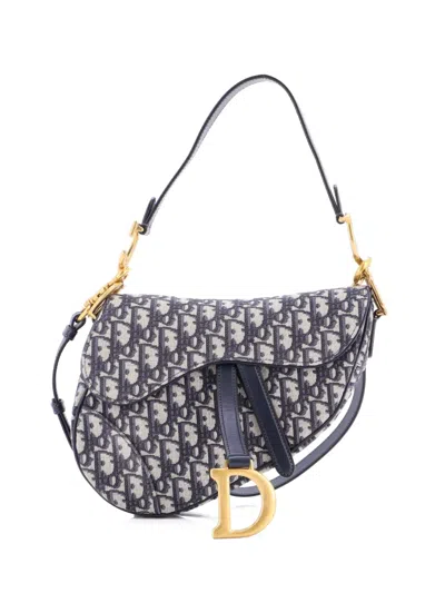 Pre-owned Dior Saddle Handbag With Strap Oblique Canvas Medium Shoulder Bag In Blue