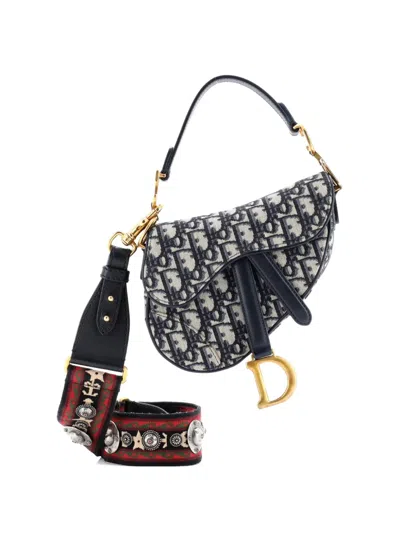 Pre-owned Dior Saddle Handbag With Strap Oblique Canvas Mini Shoulder Bag In Blue