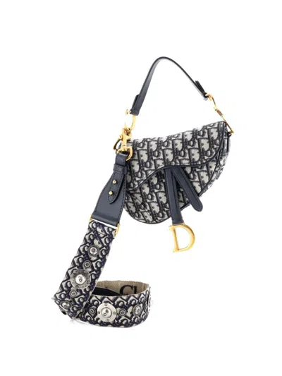 Pre-owned Dior Saddle Handbag With Strap Oblique Canvas Mini Shoulder Bag In Blue