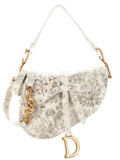 Pre-owned Dior Saddle Handbag With Strap Printed Leather Medium Shoulder Bag In White