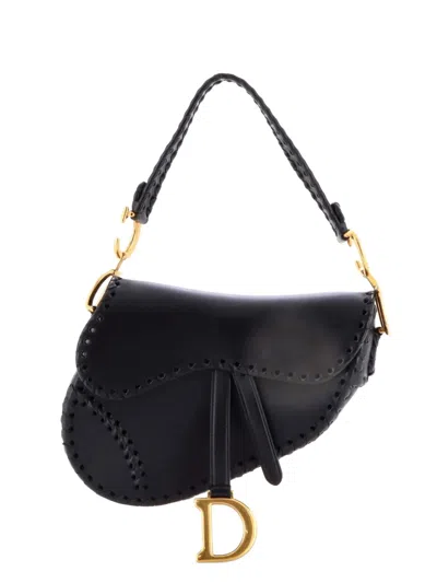 Pre-owned Dior Saddle Handbag With Strap Whipstitch Leather Medium Shoulder Bag In Black