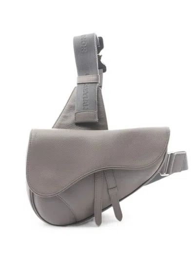 Pre-owned Dior Saddle Leather Shoulder Bag In Gray
