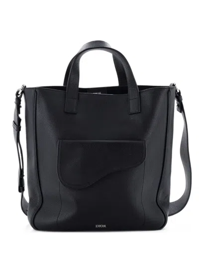 Pre-owned Dior Saddle Leather Tall Tote Bag In Black
