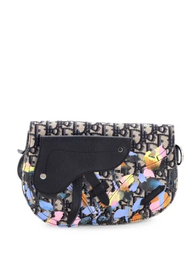 Pre-owned Dior Saddle Messenger Pouch Alex Foxton Floral Oblique Canvas Crossbody Bag In Black