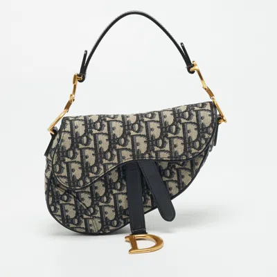 Pre-owned Dior Saddle Mini Navy Blue Oblique Canvas And Leather Bag