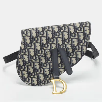 Pre-owned Dior Saddle Navy Blue Oblique Canvas And Leather Belt Bag
