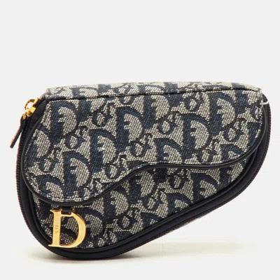 Pre-owned Dior Saddle Navy Blue Oblique Canvas And Leather Pouch Clutch