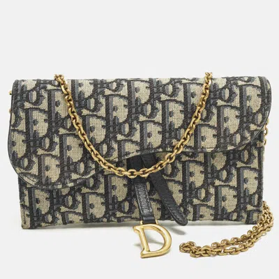 Pre-owned Dior Saddle Navy Blue Oblique Canvas And Leather Wallet On Chain