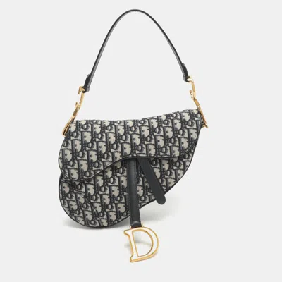 Pre-owned Dior Saddle Navy Blue Oblique Canvas Shoulder Bag