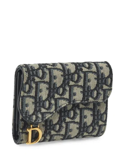 Pre-owned Dior Saddle Oblique Canvas Wallet In Blue