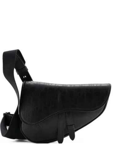 Pre-owned Dior Saddle Oblique Galaxy Leather Mini Crossbody Bag In Black