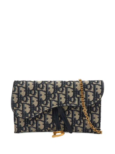 Pre-owned Dior Saddle Oblique-pattern Wallet-on-chain In Neutral