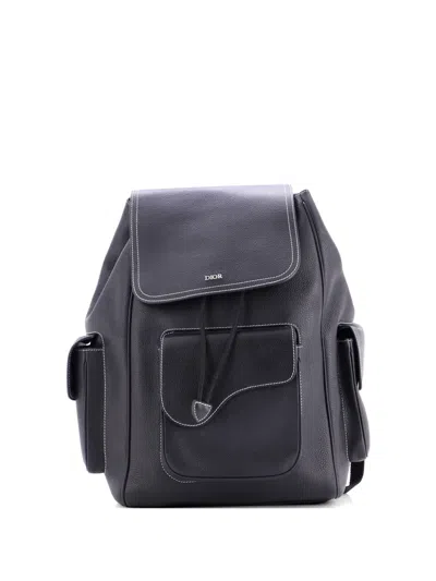 Pre-owned Dior Saddle Pocket Leather Large Backpack In Black