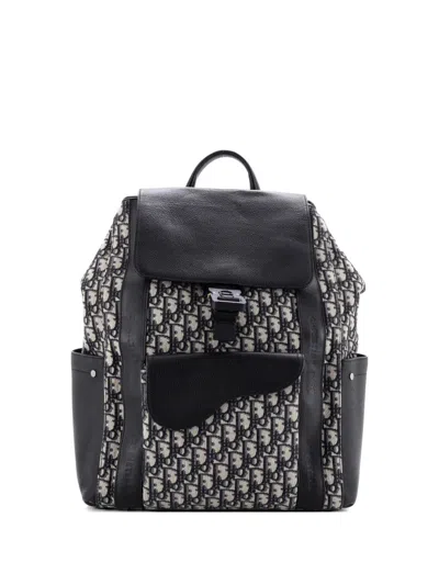 Pre-owned Dior Saddle Pocket Oblique Canvas And Leather Large Backpack In Blue
