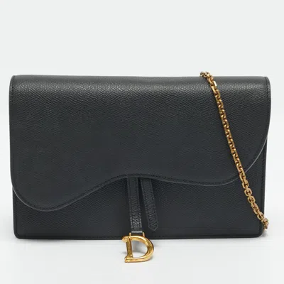 Pre-owned Dior Saddle Pouch Black Leather Wallet On Chain