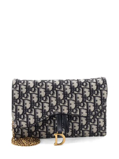 Pre-owned Dior Saddle Pouch Wallet On Chain Oblique Canvas Crossbody Bag In Blue
